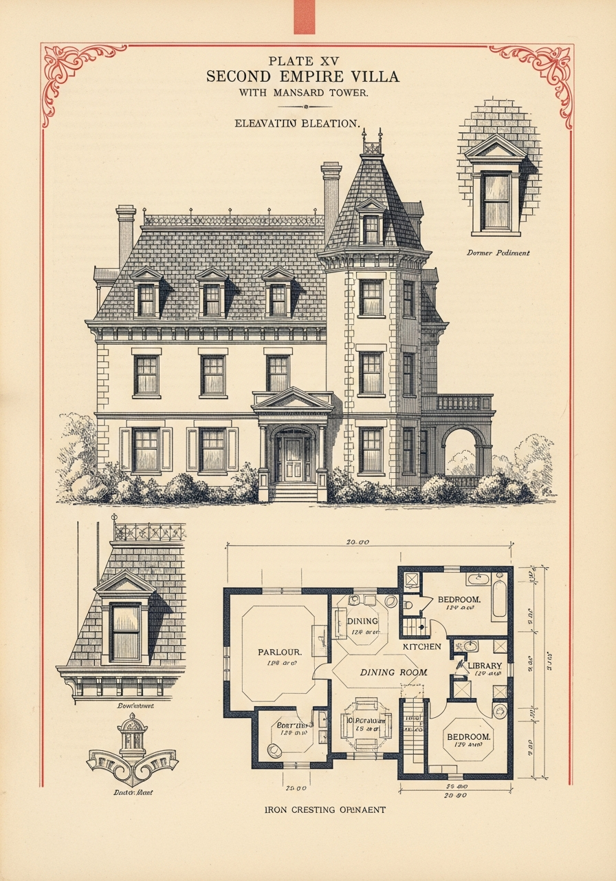 A plate from a 1870s pattern book showing a Second Empire villa in elevation and plan