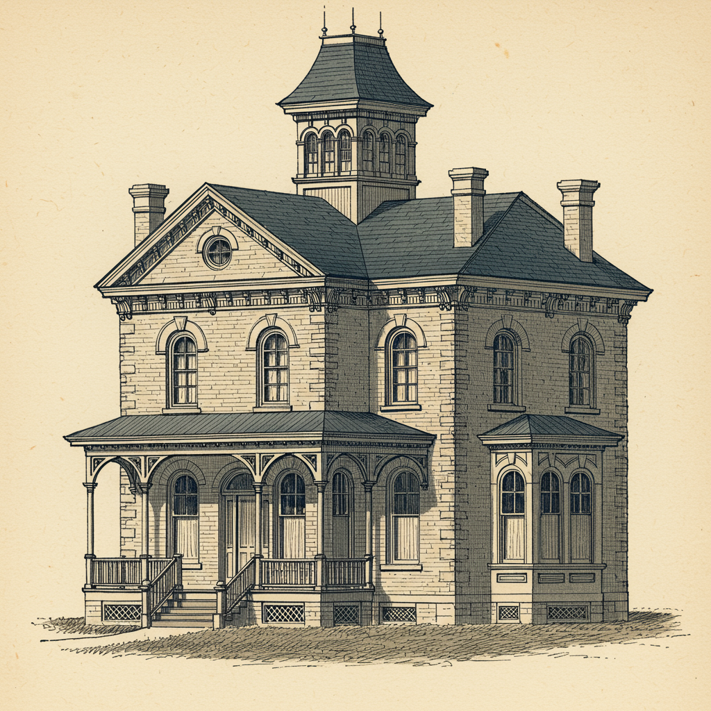 An Italianate villa with a low hipped roof and bracketed cornice