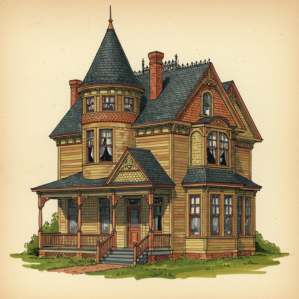 A Queen Anne house with asymmetric massing, a corner tower, and varied wall textures