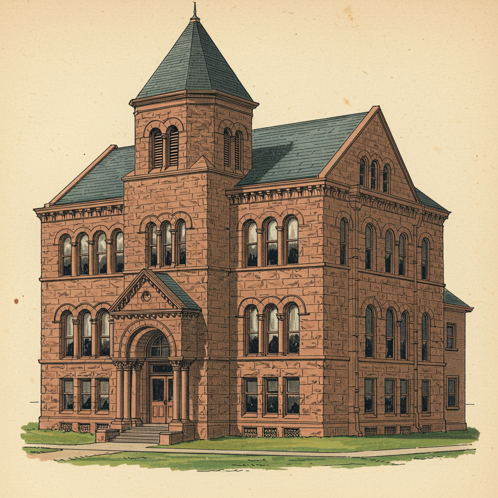 A Romanesque Revival civic building with rusticated stone and round Romanesque arches