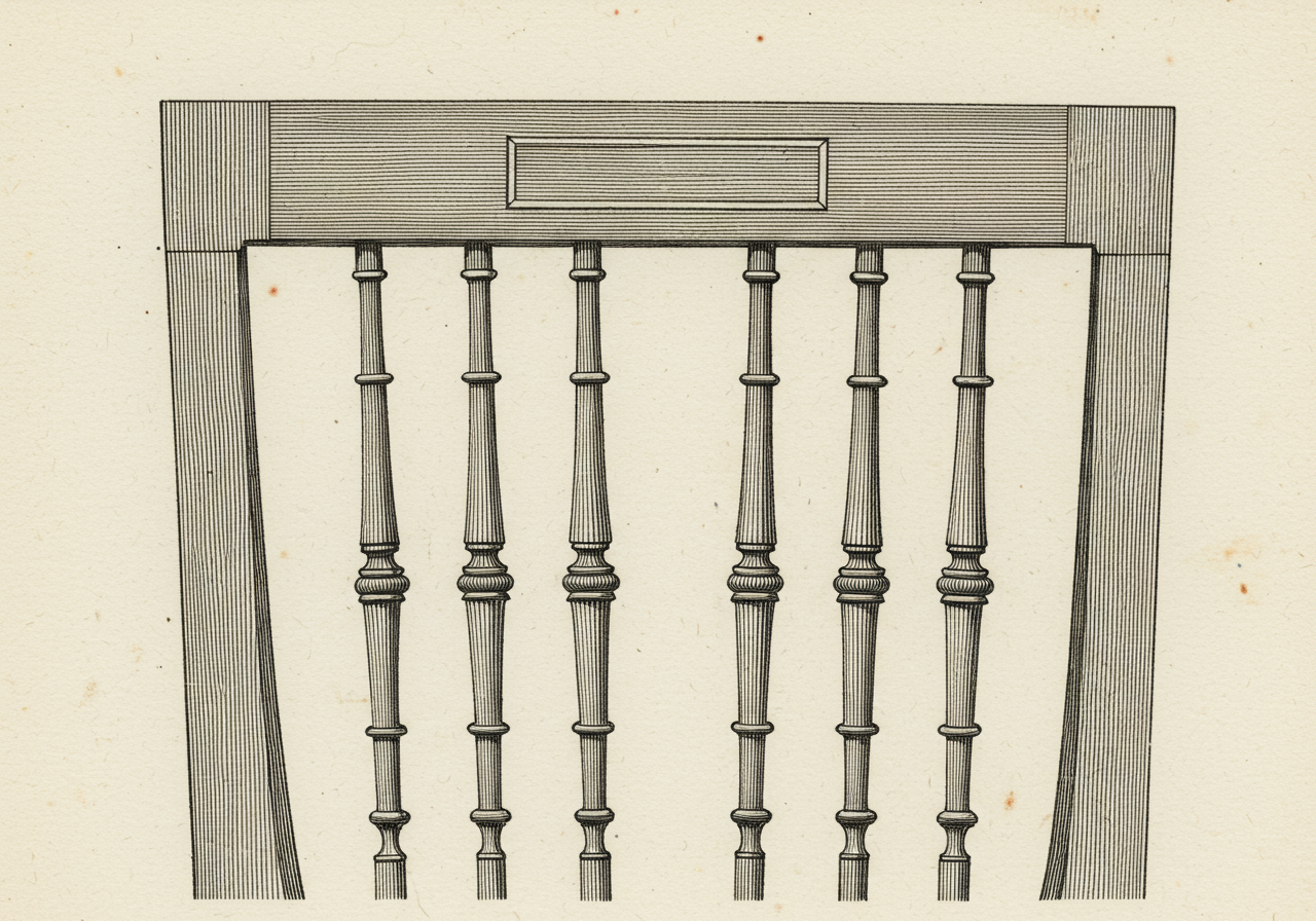 A close detail of a Sheraton rectangular-back chair — slender vertical splats, satinwood-and-ebony inlay top-rail