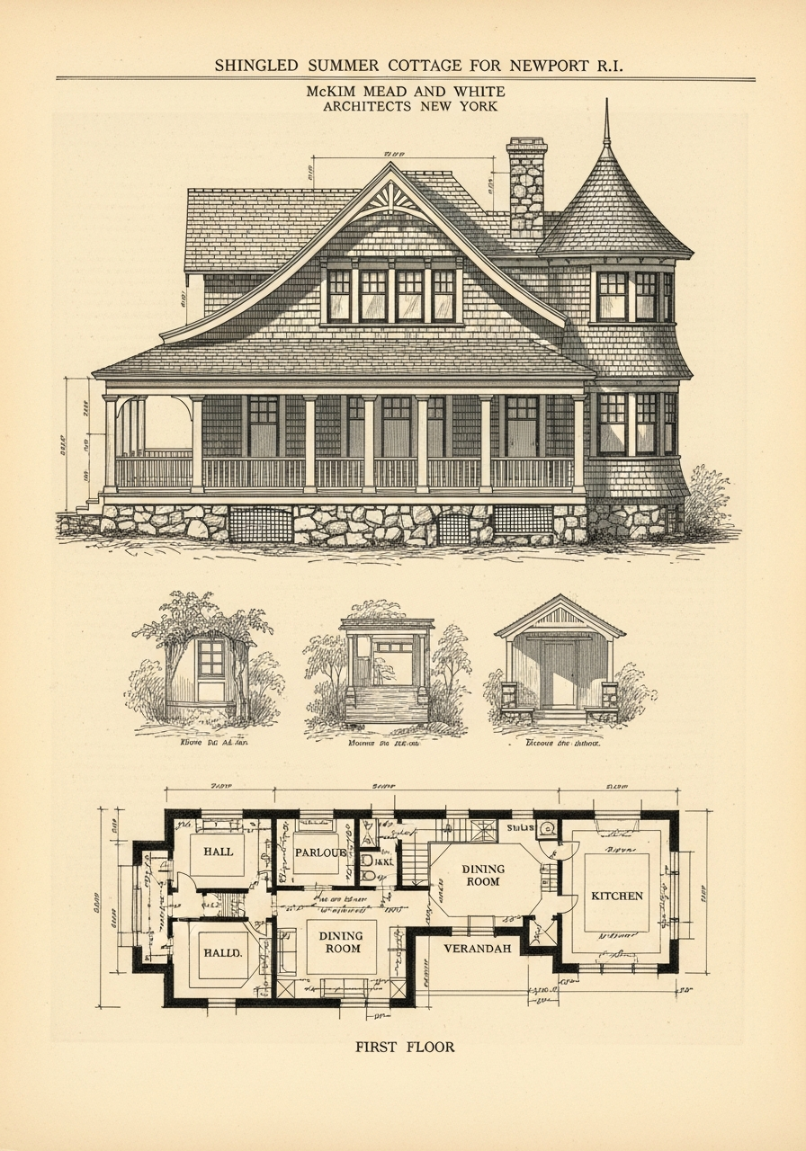A plate from a 1880s American architectural journal showing a Shingle style summer cottage