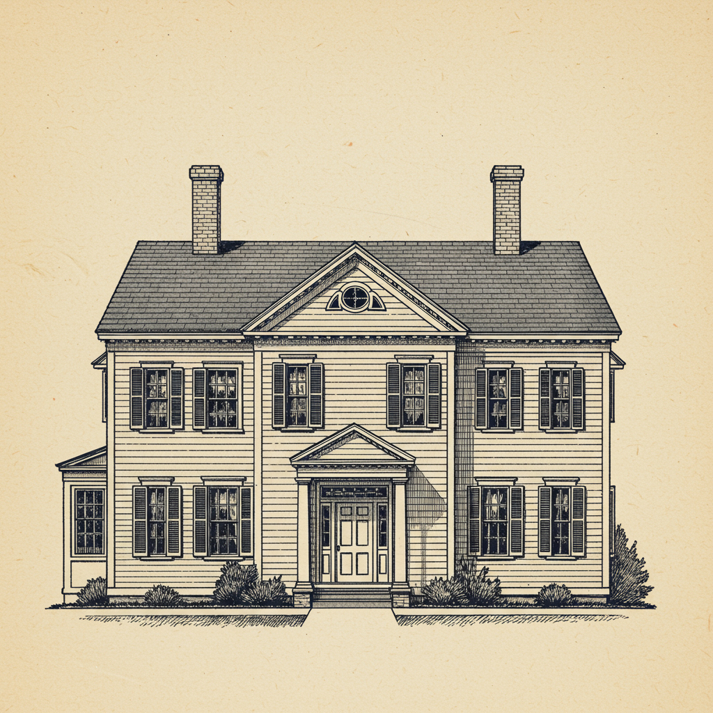 A Colonial Revival house with strict symmetry, white clapboard, and a Georgian portico