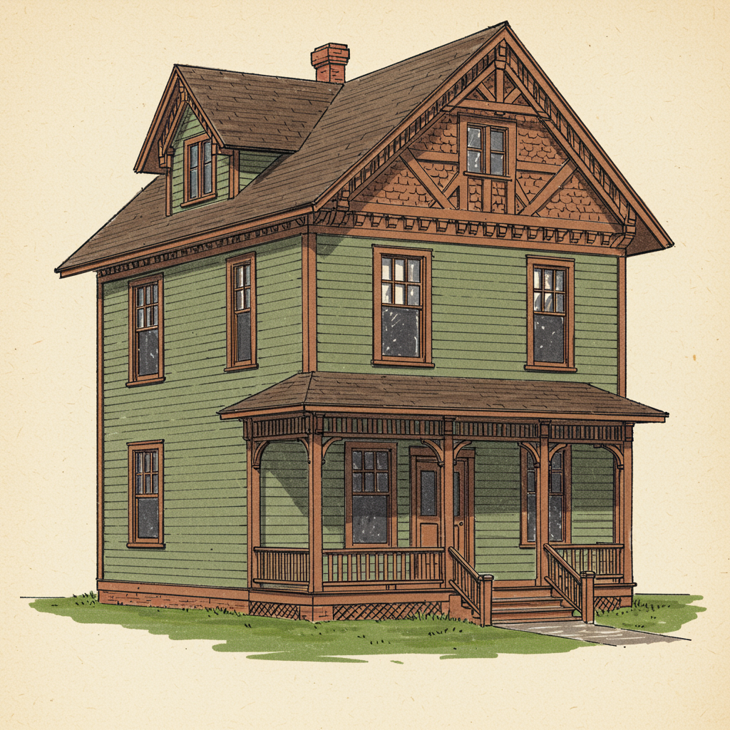 A Stick style house with applied wooden stickwork across the wall plane and a steep gabled roof