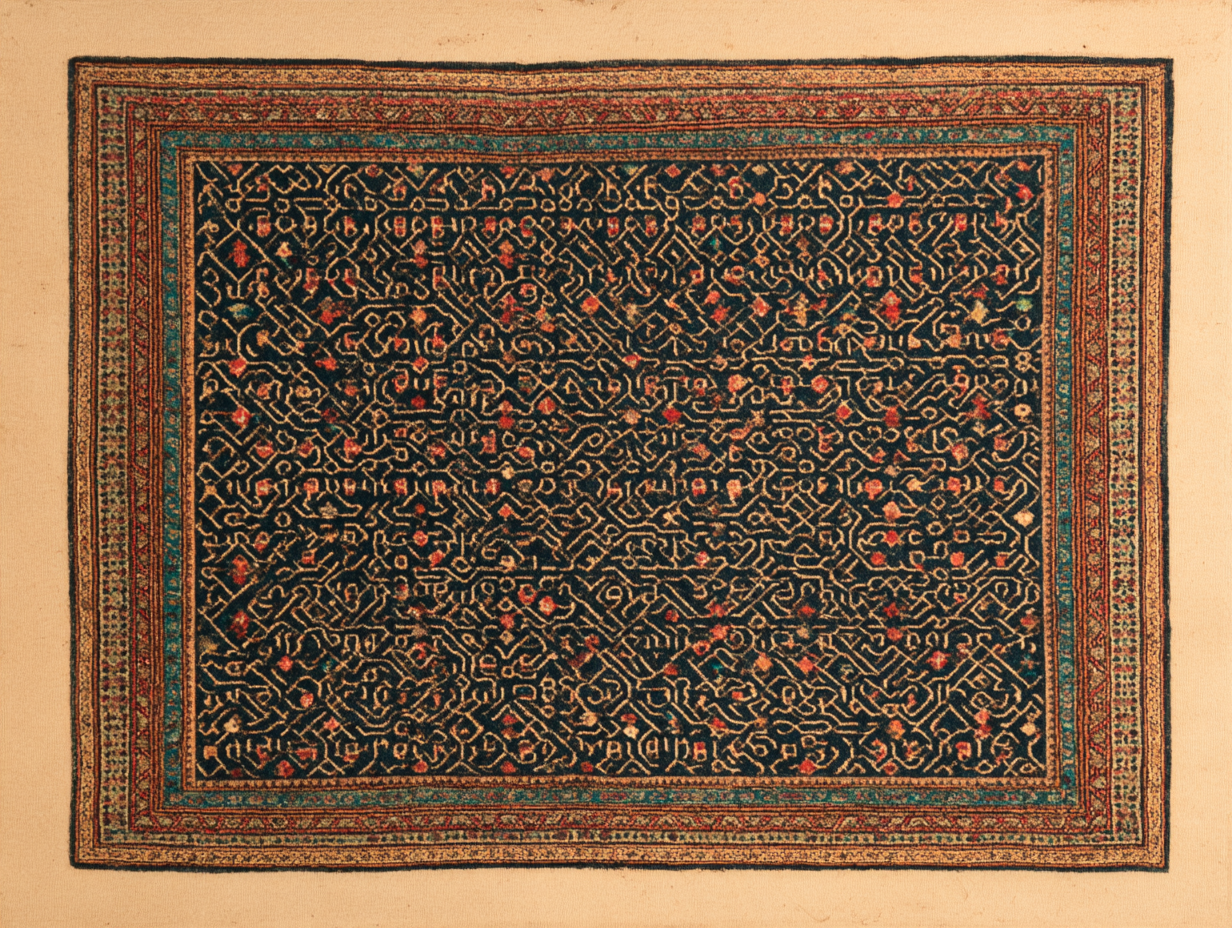 A Kuba rug — eastern Caucasian neighbour to Shirvan, with even finer knot density and the dense allover small-pattern composition that distinguishes Kuba from the medallion-based repeats of Shirvan