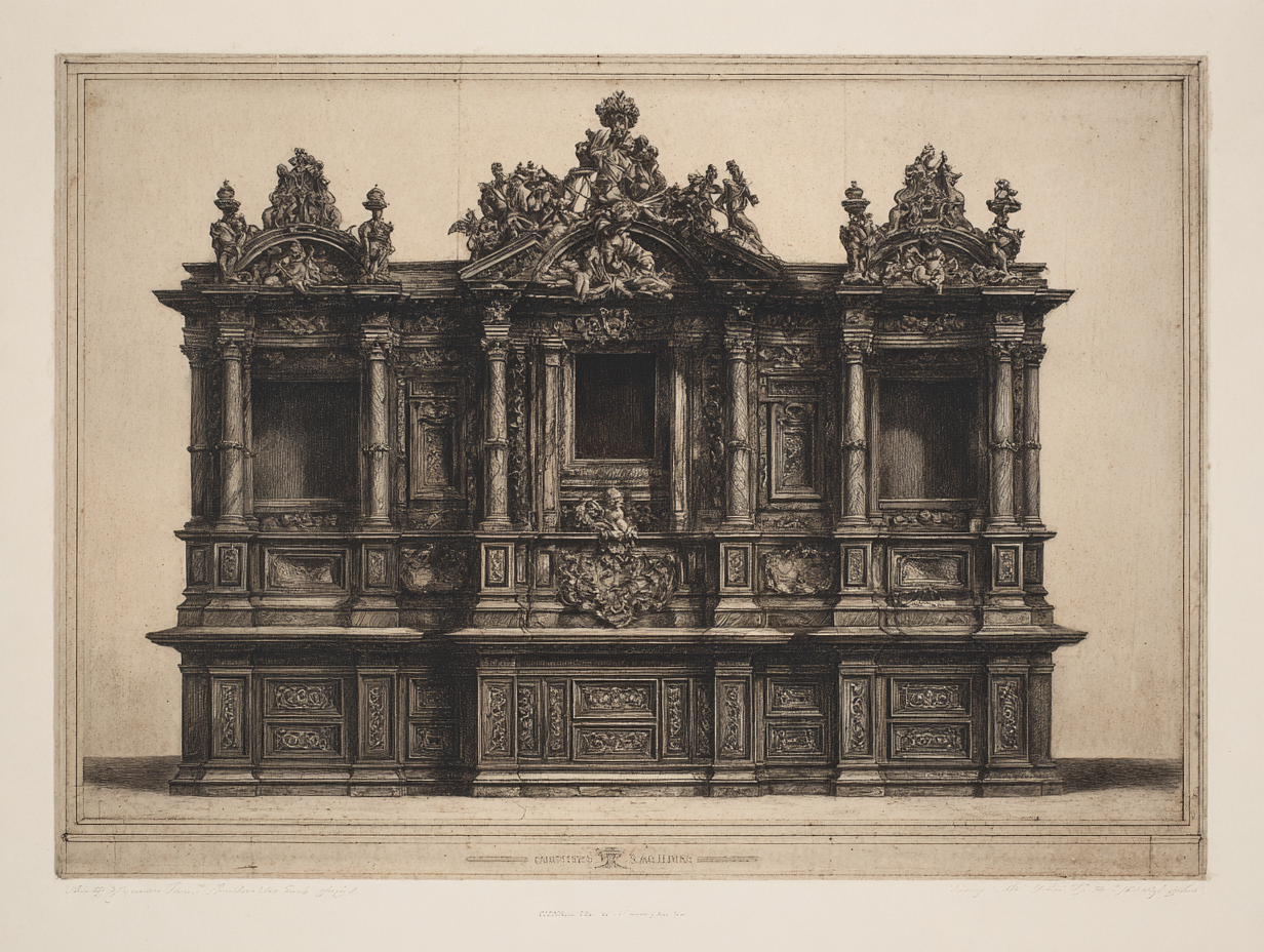 An Italian Baroque cabinet — dark walnut + carved giltwood, distinct from Spanish iron-and-leather register