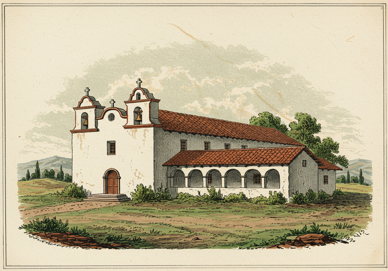 A California Spanish mission — Mission San Juan Capistrano or similar — with smooth white stucco walls, low-pitched red tile roof, curved Mission-style parapet, arched arcade of the colonnaded gallery, simple campanario bell tower
