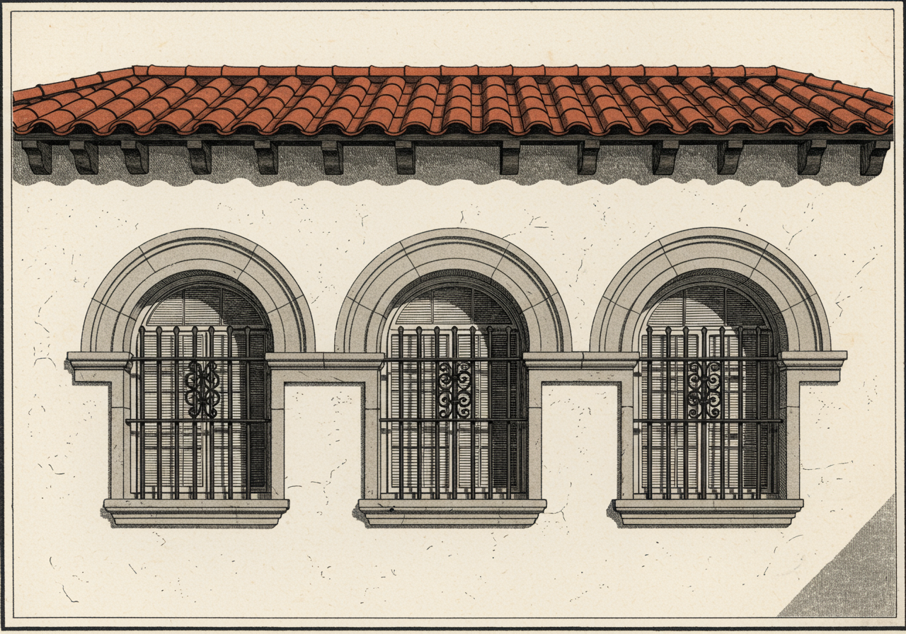 A close detail of a Spanish Colonial Revival arched arcade — three round-arched openings in smooth white stucco with cast-stone surrounds, terracotta tile roof above, wrought-iron grilles at the ground floor