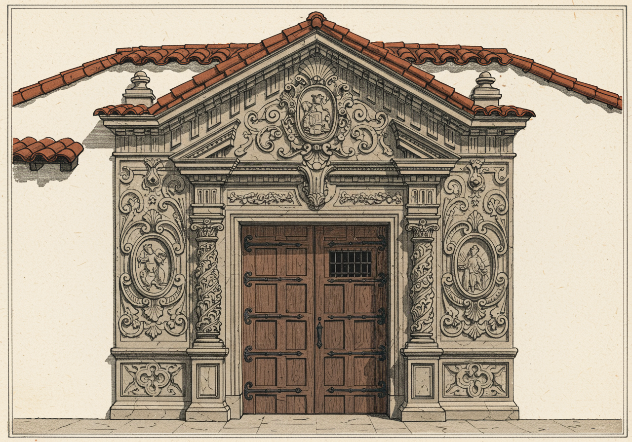 An ornate Churrigueresque-style cast-stone entrance surround on a Spanish Colonial Revival house — densely-carved foliage, cartouches, and figurative sculpture framing a heavy panelled wooden door, set against smooth white stucco walls
