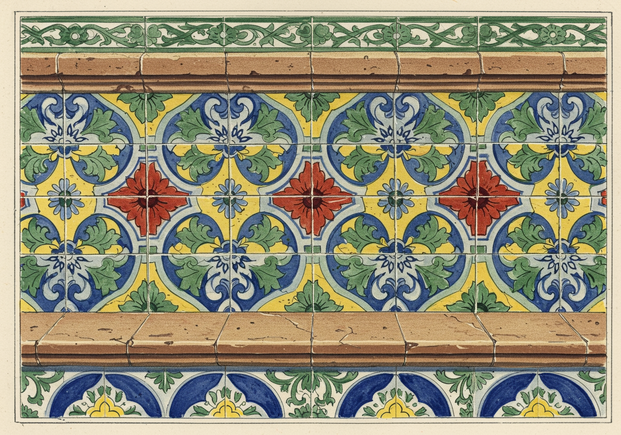 A close detail of Spanish Colonial Revival decorative tile work — Talavera-style tiles in deep blue, yellow, and red geometric and floral patterns set into a stair riser or fountain surround