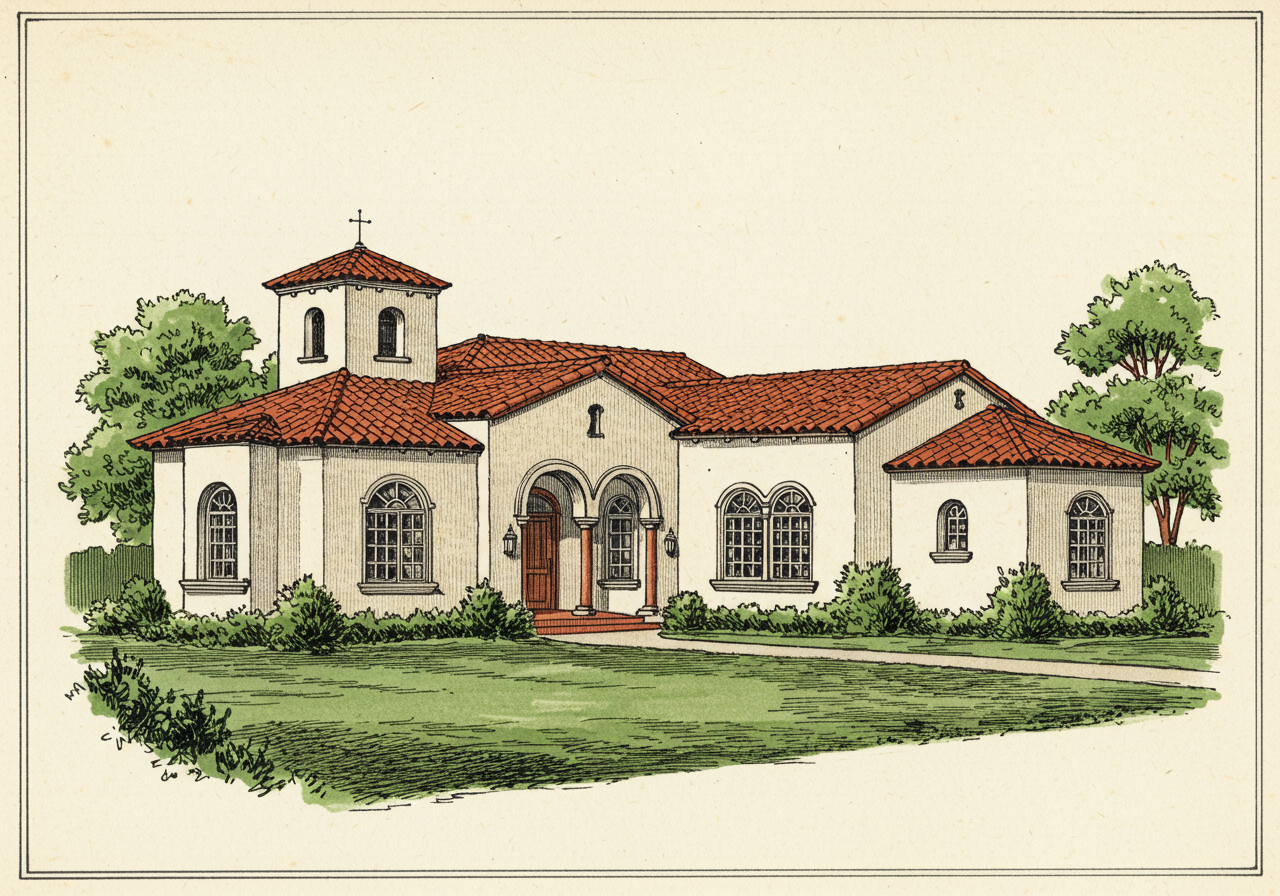 A Mediterranean Revival house with stucco walls, low tile roof, broader range of ornamental sources including Italian Renaissance details, classical columns, more formal symmetric composition than Spanish Colonial Revival