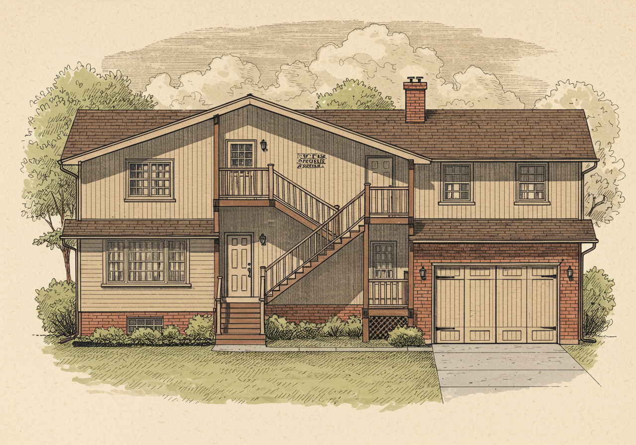 A close detail of a Split-Level facade showing the staggered half-storey levels — a lower level set back at ground elevation, a middle entry level four feet above grade, and an upper bedroom level four feet above the middle, all under a single continuous low-pitched roofline