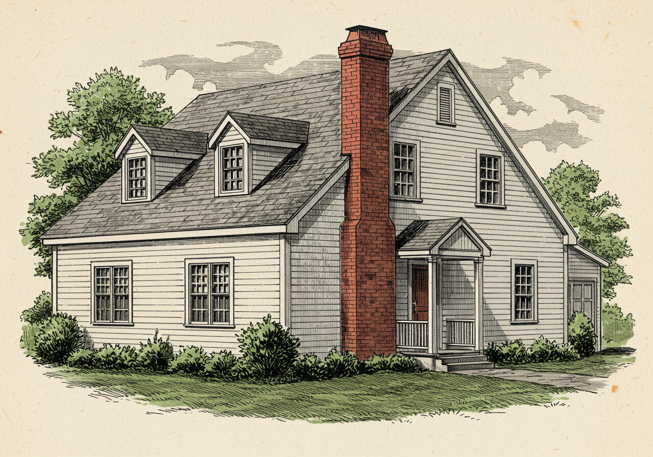 A Cape Cod house — one-and-a-half-storey symmetric clapboard cottage with steep gable, central chimney at the ridge, symmetric dormers, six-over-six sash, centred front door under a pedimented hood — the East Coast post-war mass-market form, single-storey-plus-half not multi-level
