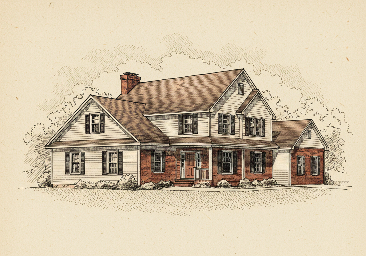 A late-twentieth-century Colonial Revival house — full two-storey symmetric clapboard or brick house with prominent entrance portico, six-over-six sash in symmetric pairs, the form that succeeded the Split-Level as the dominant suburban form in the late 1970s and 1980s