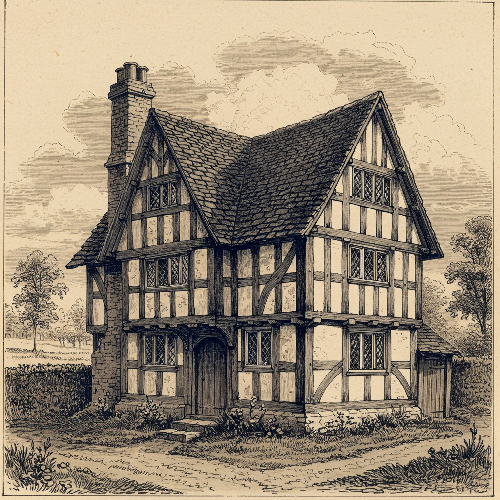 A Tudor half-timbered cottage, c. 1500, with heavy oak structural members visibly framing wattle-and-daub panels