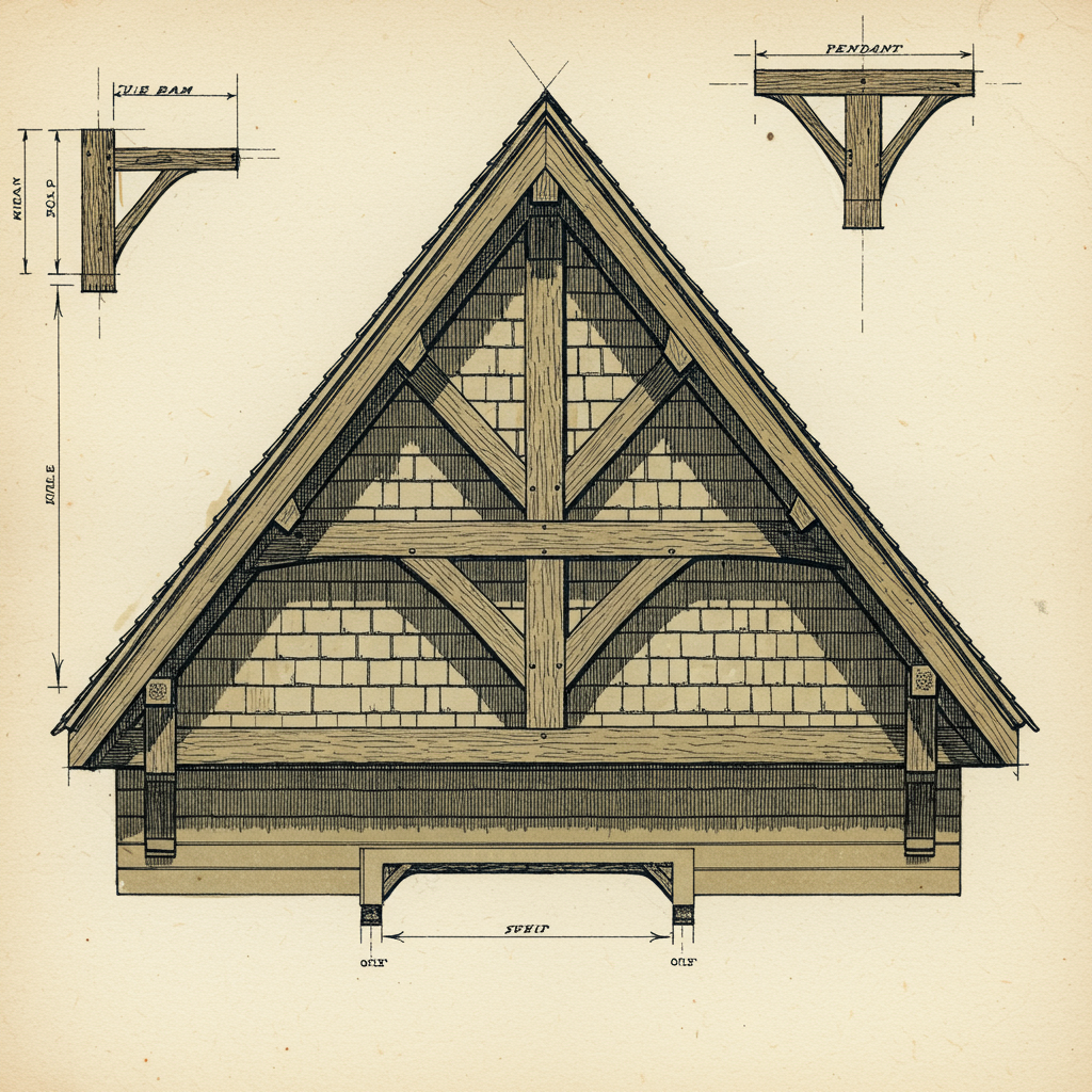Detail of a decorative wooden truss applied to the peak of a Stick style gable