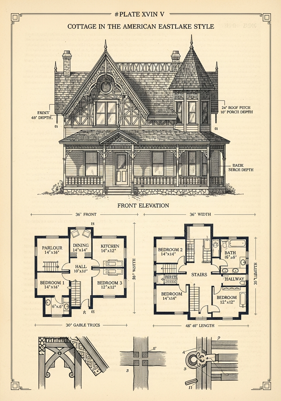 A plate from Henry Hudson Holly's Country Seats showing a Stick style cottage in elevation and plan