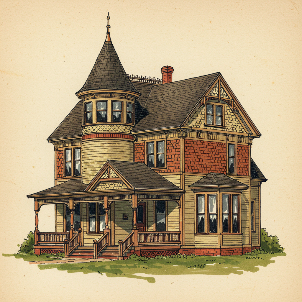 A Queen Anne house with asymmetric massing, a corner conical-roofed turret, and varied wall textures