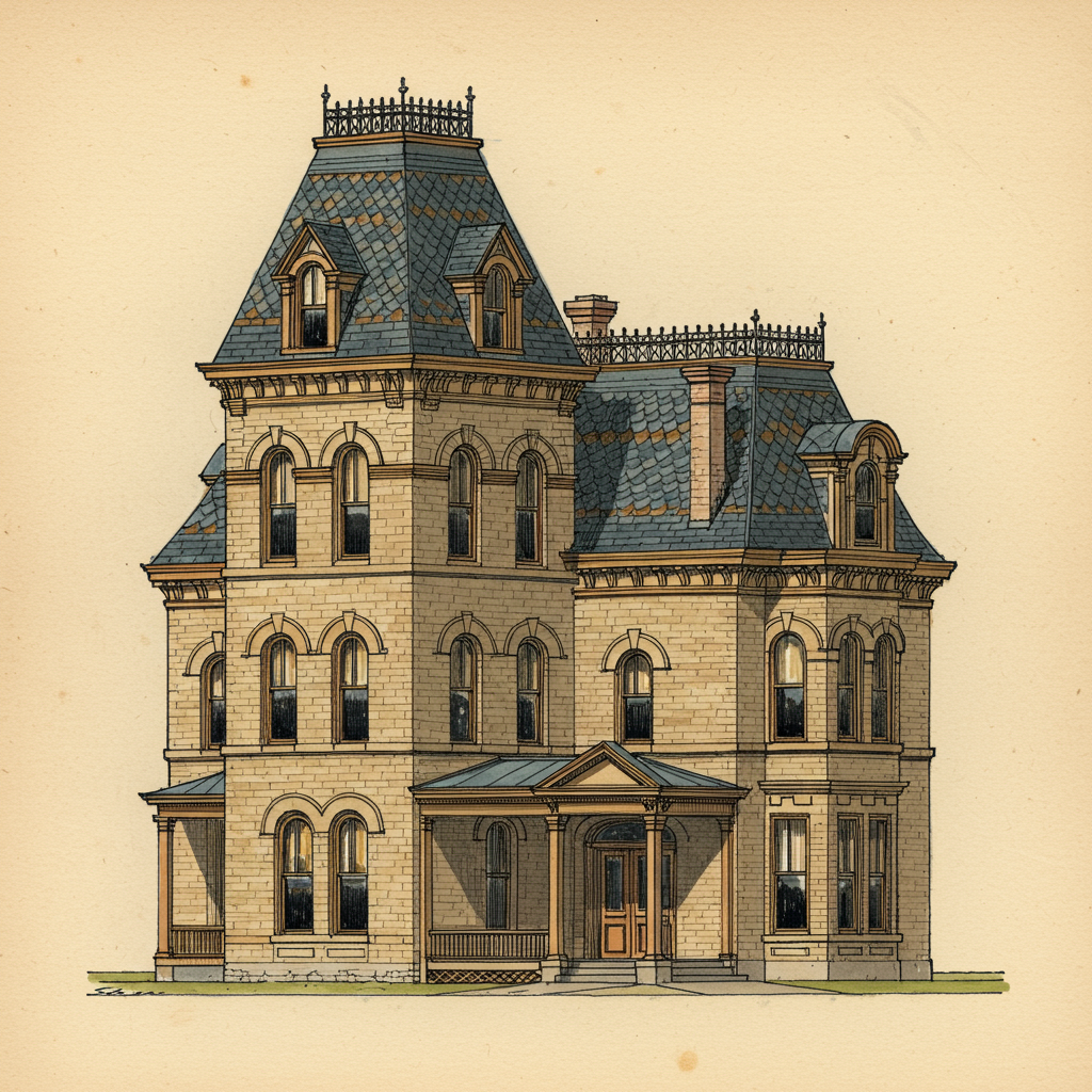 A Second Empire mansion with a steep mansard roof, dormer windows, and iron cresting
