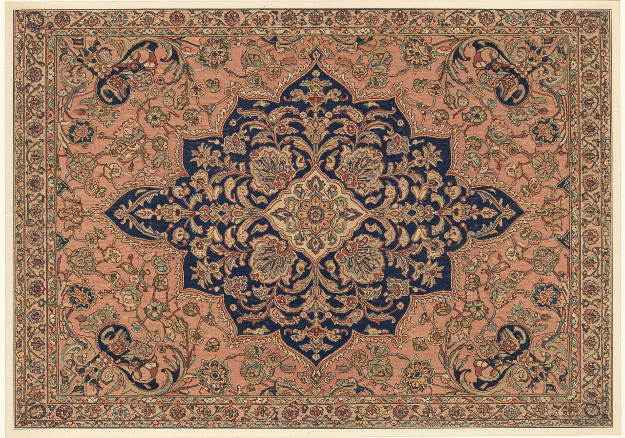 A close detail of a Tabriz central medallion — curvilinear lobed indigo shape with arabesque pendants on the rose-red field