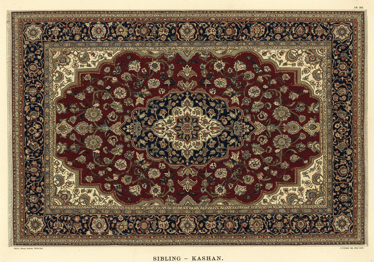 A Kashan rug with deep wine-red field, navy curvilinear central medallion, ivory spandrels with formal arabesque, and densely-packed curvilinear floral throughout