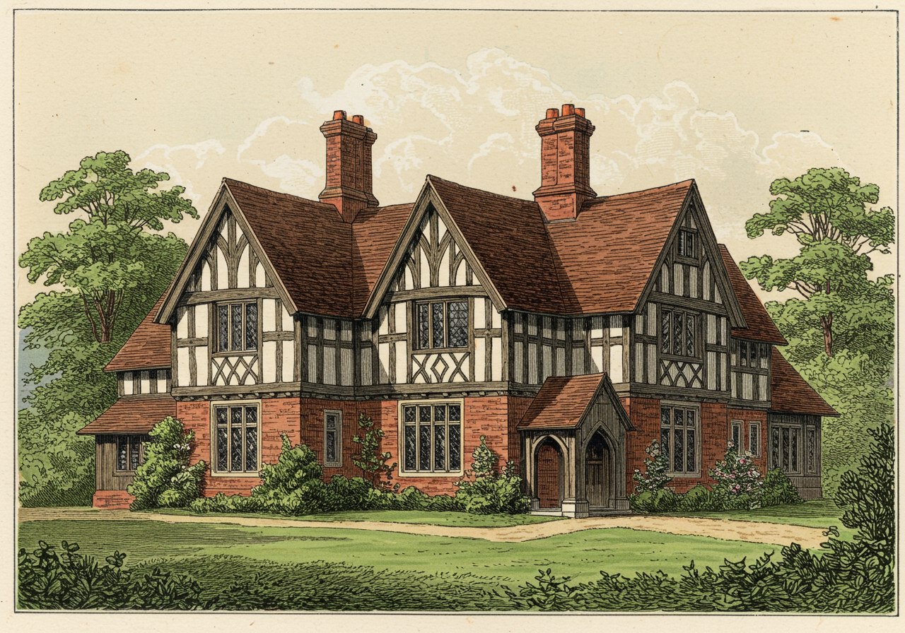 A late-nineteenth-century English country house in the Norman Shaw manner — half-timbered upper storey, brick lower, steep cross-gables, massive chimneys, mullioned casement windows, the antecedent style the American Tudor Revival quoted