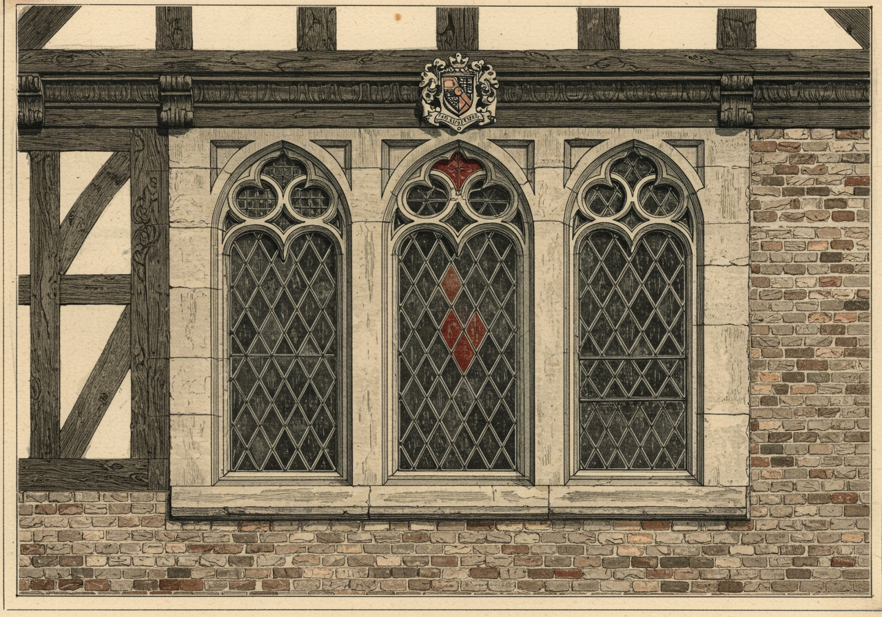 A bay of mullioned casement windows on a Tudor Revival house — three tall narrow casement sashes grouped together, leaded muntins dividing the glass into small diamond-shaped lights, a small armorial medallion of coloured glass in the upper transom