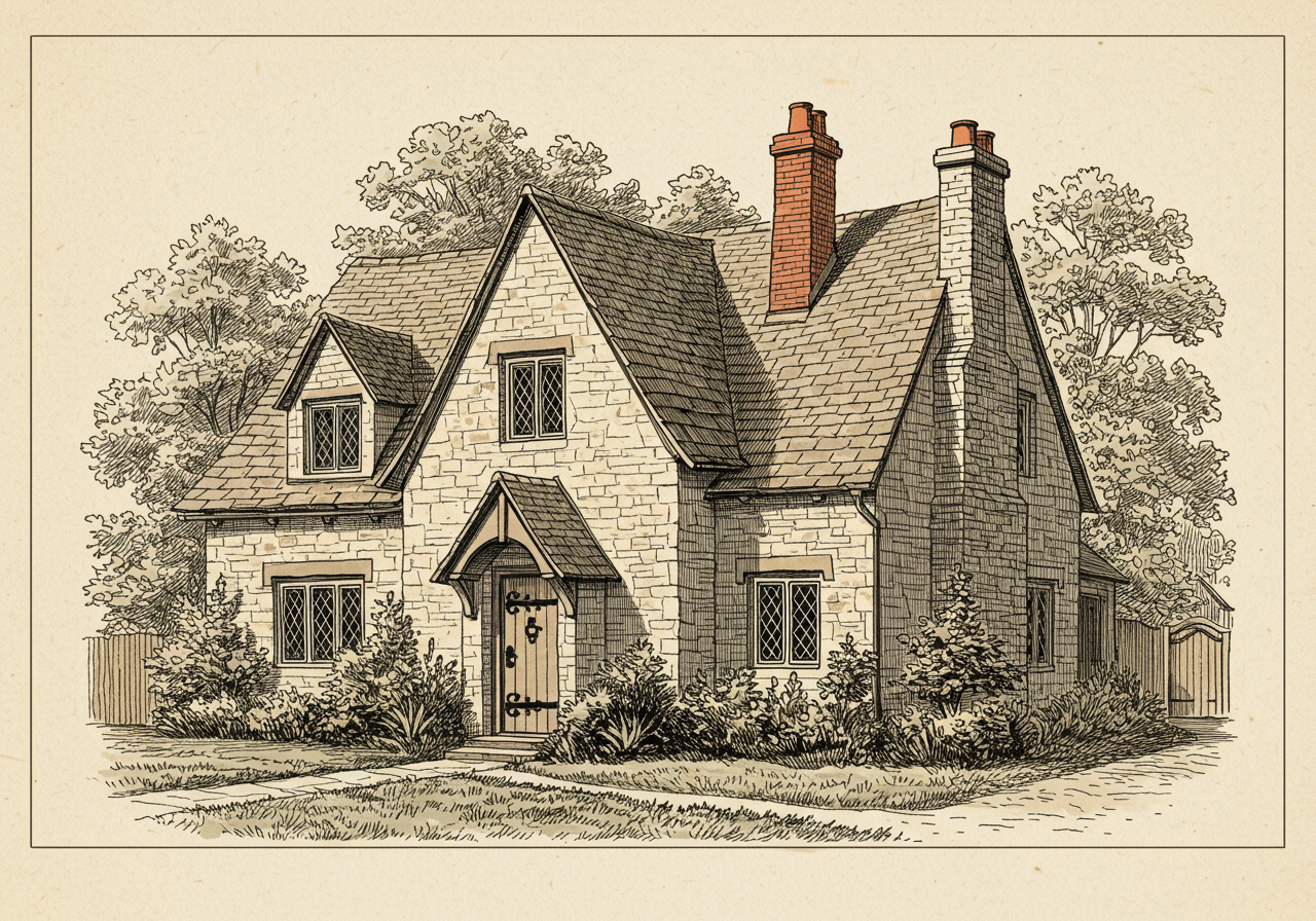 A small Cotswold cottage with rolled-eave roof simulating thatch, asymmetric massing, low door under a steep gable, and stone walls in a picturesque storybook composition