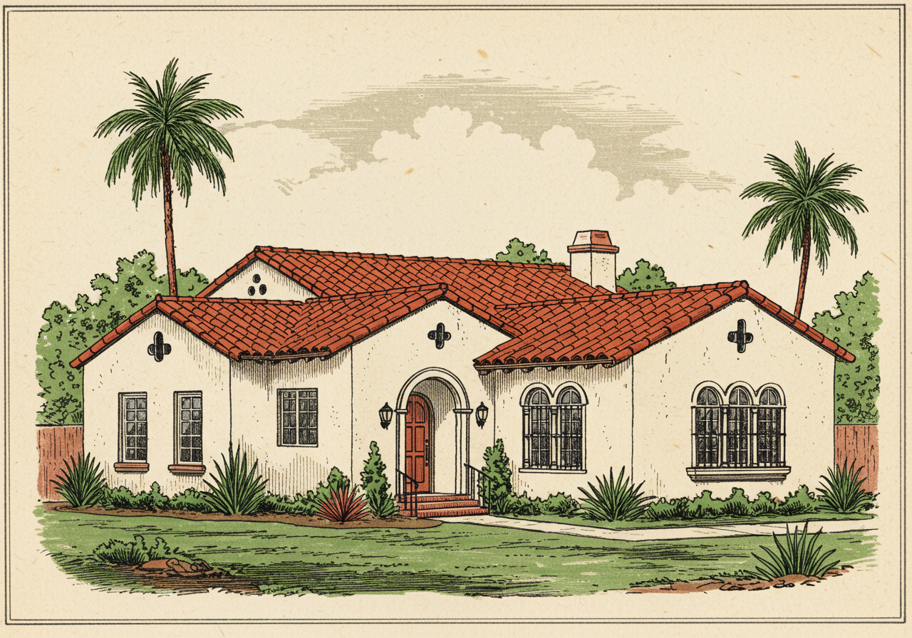 A Spanish Colonial Revival house with stuccoed walls, low-pitched red tile roof, round-arched arcades, an open courtyard, and minimal eaves